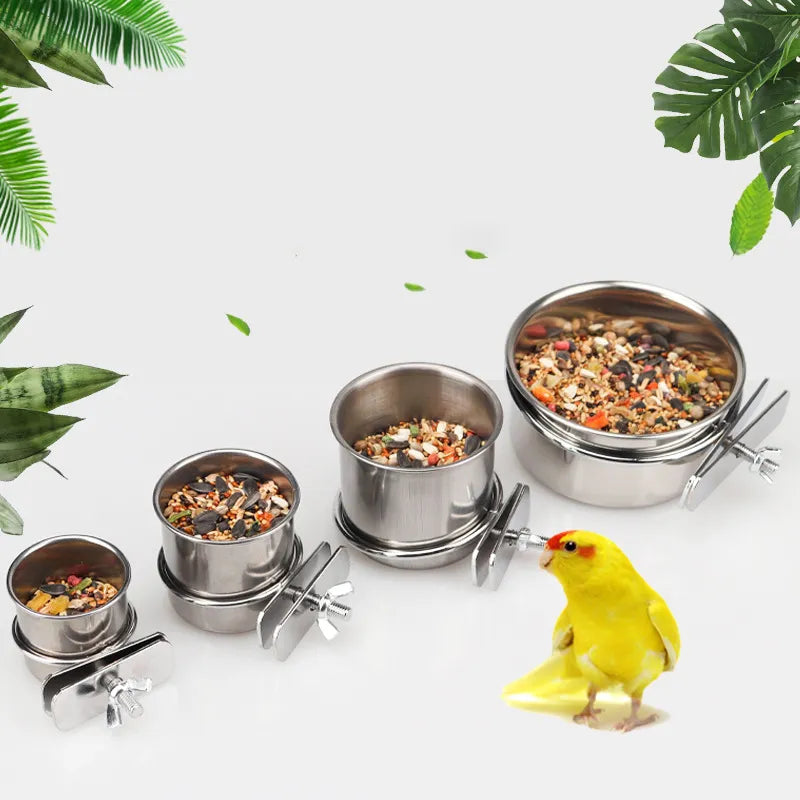 Stainless Steel Bird Feeding Bowl With Clamp Holder