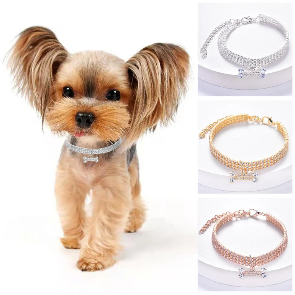 Dog Necklace Adjustable Cat Collar Zircon Bone Rhinestone Diomand Pendant Jewelry Luxury Metal Copper Dog Collars Dog Accessory